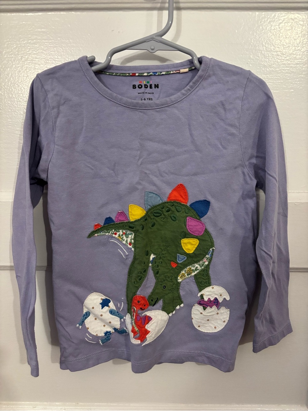 Mini Boden Lavender Long-Sleeve Top with Green Dinosaur Appliqué